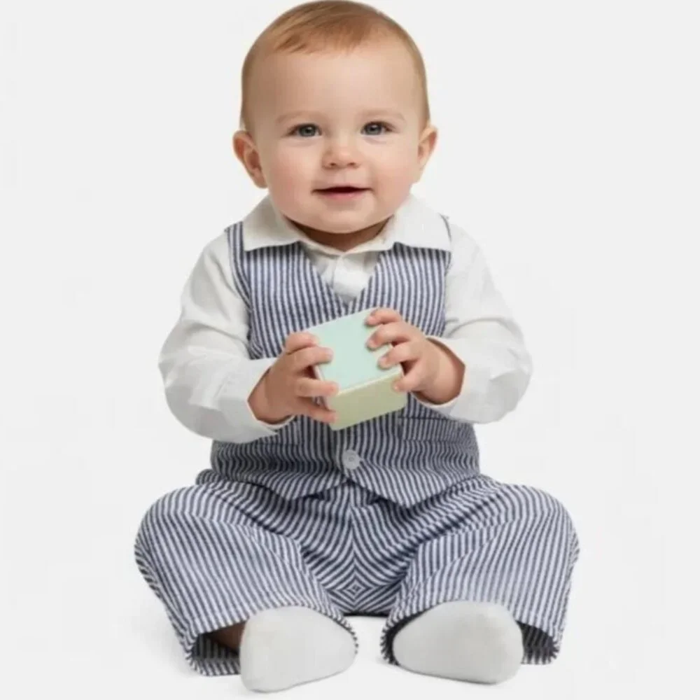 NWT Carter's Baby Boys 3-Piece Bodysuit Seersucker Pinstriped Vest Pants Set 12M